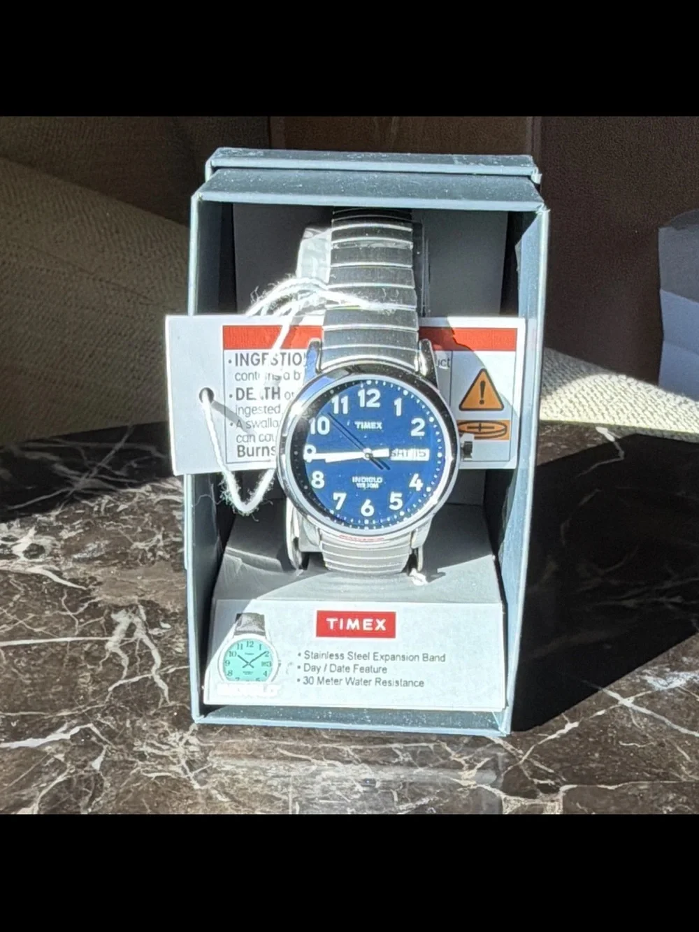 Time. Blue faced silver watch new
